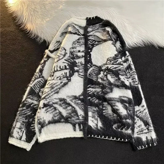 Man Clothes Black Y2k Vintage Tie Dye Knitted Sweaters for Men Cardigan V Neck Aesthetic with Pockets Maletry A Winter 2025 Fun