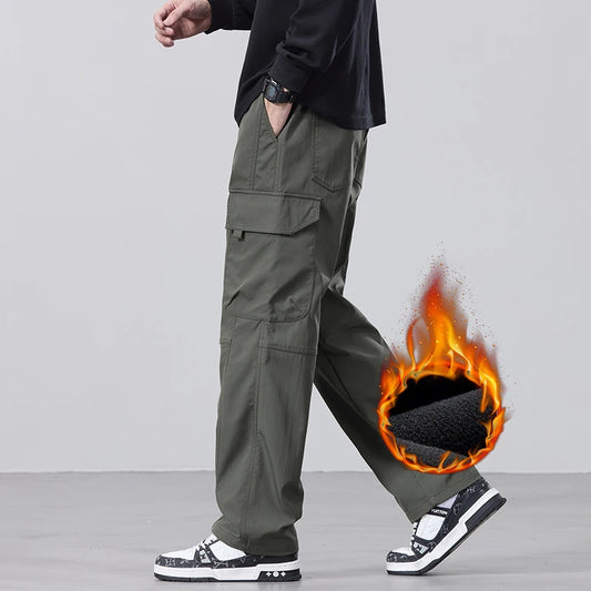 Men's Fleece Cargo Pants Winter Fashion Casual Pants Large Pockets Loose Velvet Trousers Male Plush Thickened Warm Pants