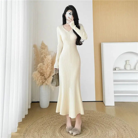 Elegant Knitted Slim Fit Midi Dress for Women Autumn Winter New Style Flocking Base Layer Fish Tail Long Dress