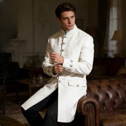 Vintage European American Mens Coat Medieval Steampunk Retro Stand Collar Uniform Outerwear Solid Color