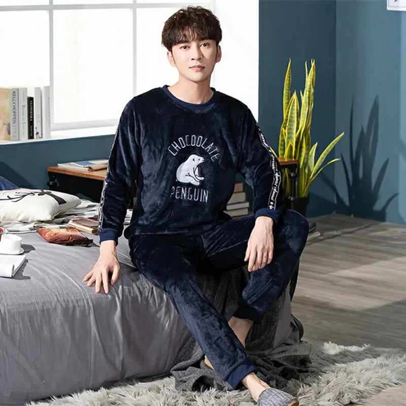 Cartoon Green Dinosaur Design Pajamas for Men Korean Kawaii Cute Letter Print Men's Pajamas 2024 Autumn Winter Warm Sleepwear