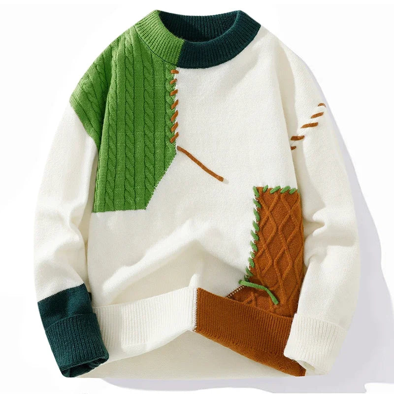 Men's Sweater Autumn Winter Men's Casual Lazy Style Sweater Crewneck Splicing Pullover Fashion Men's Home Wear Pajamas Casual