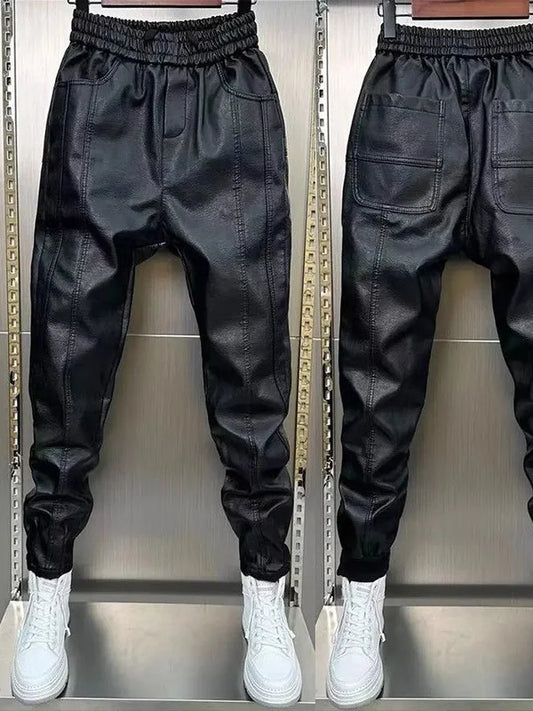 Men's Fleece Lined Thickened Leather Pants Motorcycle Delivery Rider Biker Trousers Warm Windproof Waterproof for Autumn Winter