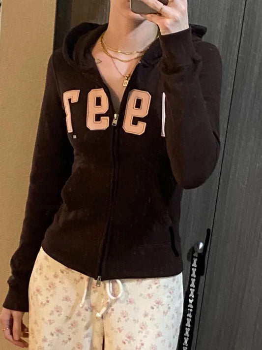 1977 Letter Embroidery Slim Zip-up Hoodies Women Autumn Long Sleeve Zipper Sweatshirts Sweet Vintage Casual Athletic Outerwear
