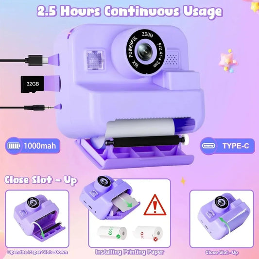 1080P Children Mini Digital Video Camera Educational Thermal Instant Print Camera with 32G Card for Kids Learning Development