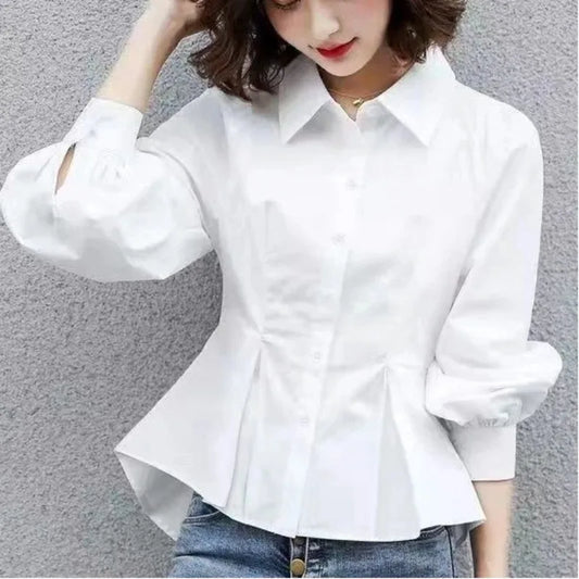 Fashion Simplicity Trend Temperament Spring New Women’s Slim Waist Button Shirt Long Sleeve Pure Color Chic Design Shir Tops