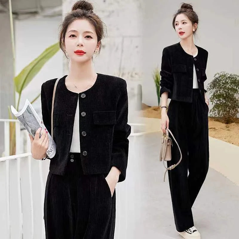 Fashionable Corduroy Set Women's Autumn Winter New Style Elegant Lady Fragrance Wind Coat Wide Leg Pants Two Piece Suit