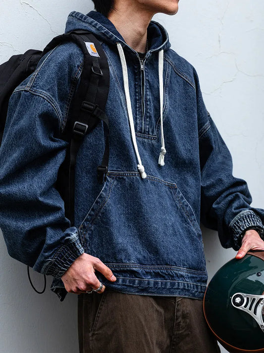 Mens Hooded Denim Jacket American Vintage Heavyweight Washed Distressed Loose Fit Streetwear Pullover Workwear Casual Trendy
