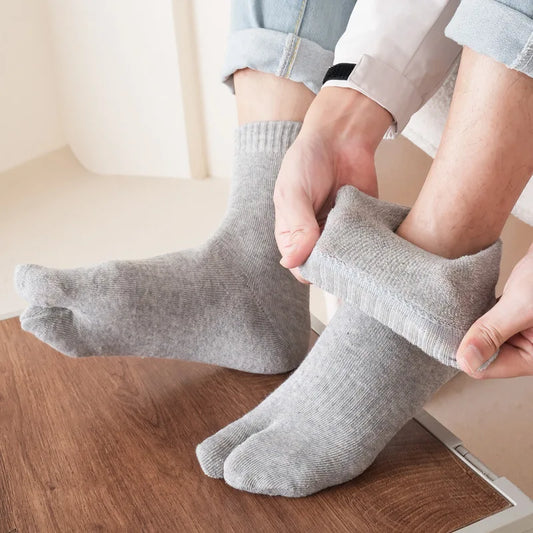 5 Pairs Winter Two Toed Tabi Socks Men's Thicken Warm Solid Color Flip Flops Sock 2 Fingers Casual Mid-tube Cotton Thermal Socks