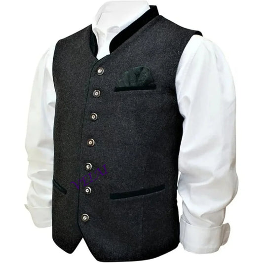 CustomizedMen's Elegant Loden Vest - Traditional Sleeveless Gilet w/ Brocade Pocket Square | Anthracite Grey Wedding Waistcoat,