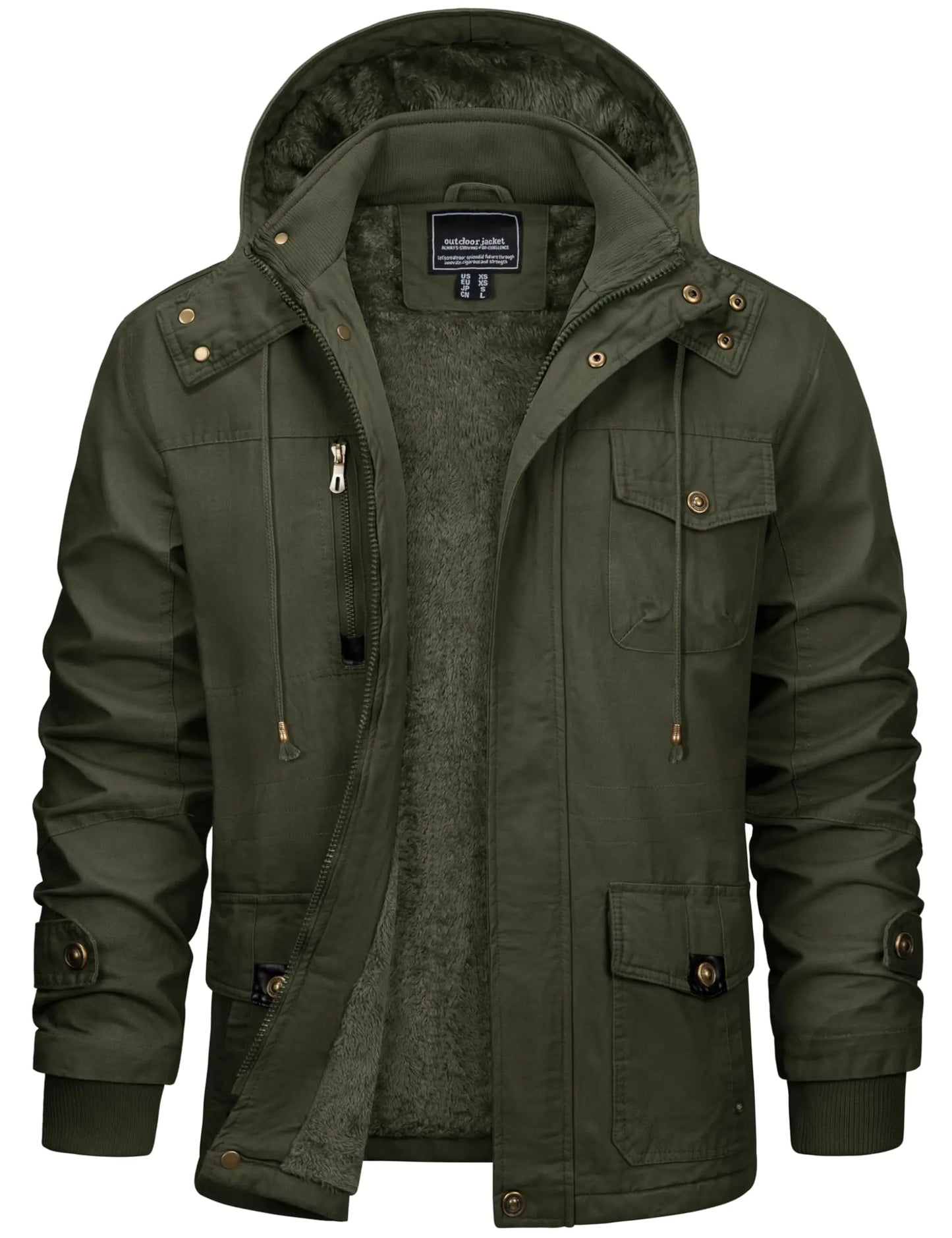 TACVASEN Mens Fleece Lined Winter Warm Jacket Detachable Hood With 6 Multi-Pocket Parka Coat Windproof Outdoor Hiking Daily Coat