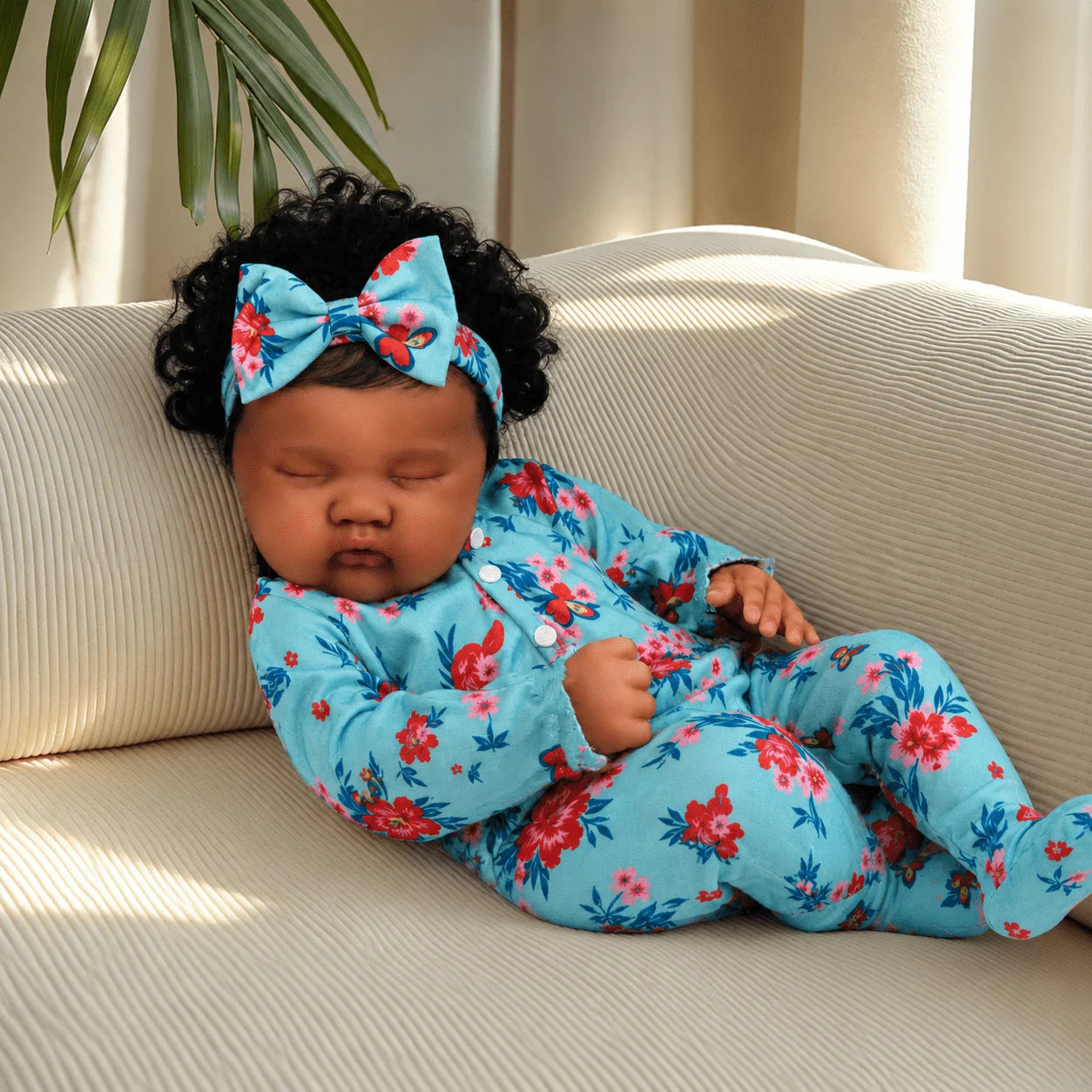 BZDOLL 48CM Lifelike Asleep Reborn Baby Doll Toy with Black Brown Skin Vinyl Limbs Cloth Body Handmade Birthday Gift for Kids