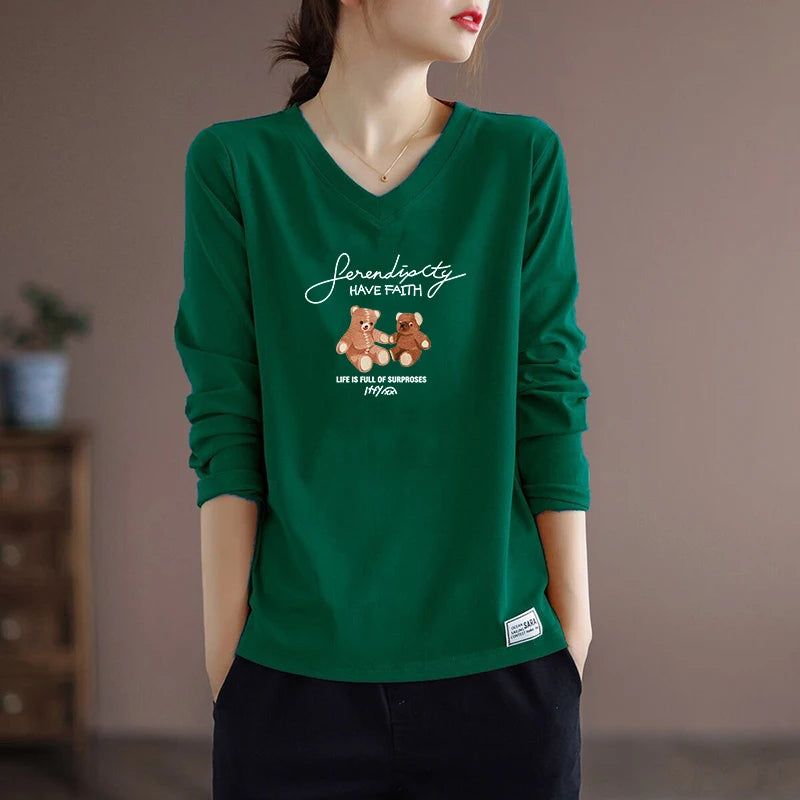 Pure Cotton Long Sleeve Women's T-shirt Autumn Season Versatile Base Layer Top Commute Style Loose Fit Regular Thickness
