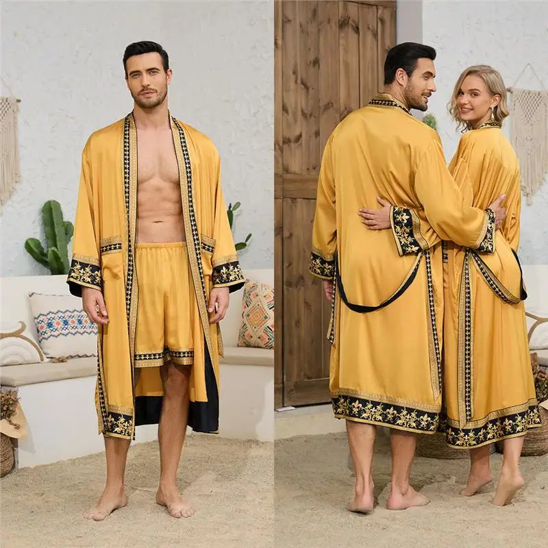 Baroque Style Couple Sleep Robe Long Sleeve Luxury Satin Bathrobe WP3403 Oversize Autumn Winter Home Clothes Men's Robe