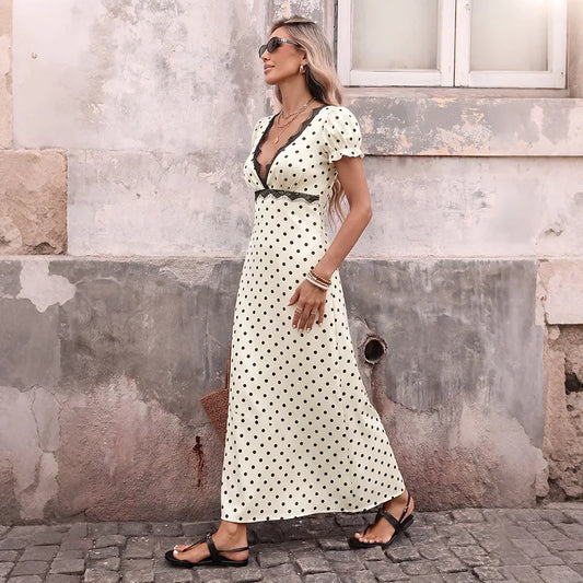 Women's Summer French Vintage Polka Dot Dress Sexy V Neck Lace Trim Short Sleeve Long Maxi Dress Vacation Beach Outfit 2026