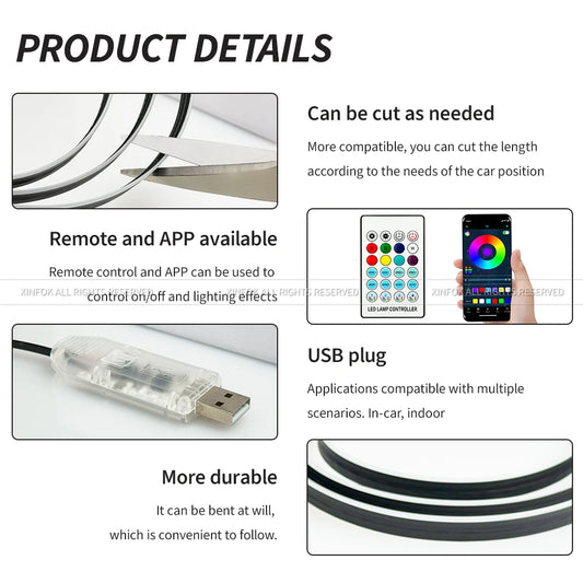 55.12‘’ Universal Symphony Car Ambient Lights 64 Color USB LED Interior RGB Acrylic APP Remote control Guide Decoration