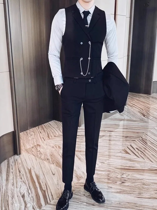 British Style Men's Business Double Row Button Suit Vest Casual Slimming Wedding Best Man Clothes Fashionable Plain Color