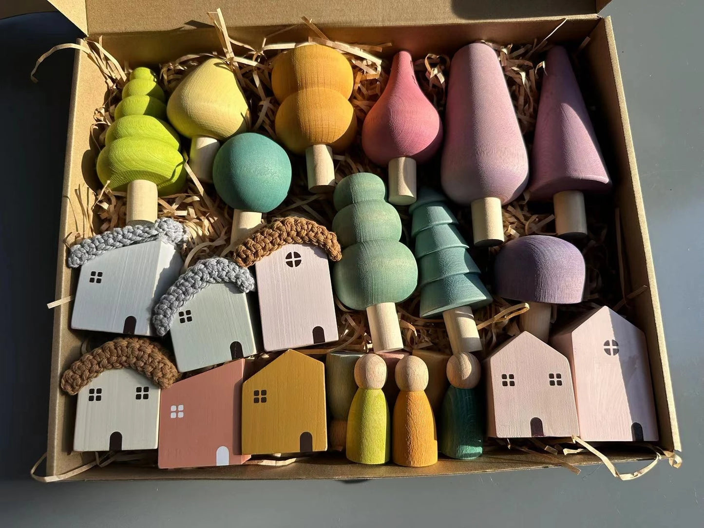 Kids Wooden Toys Pastel Nordic Buiding Blocks Stacking Crochet House Animals Rainbow Forest Trees