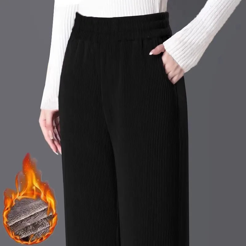 Women's Fleece Lined Corduroy Wide Leg Pants High Waist Warm Straight Cut Casual Trousers Autumn Winter New Mom Comfortable