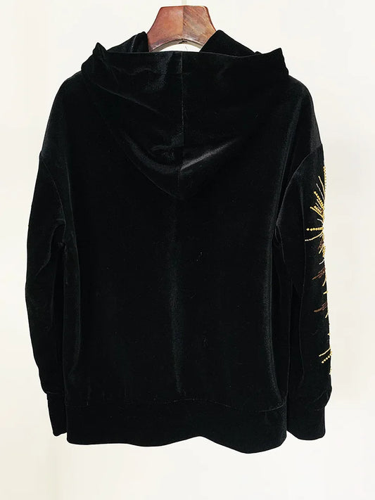 HIGH STREET Newest 2026 Designer Tops Women's Sequined Rhinestone Diamonds Beaded Velvet Loose Hooded Hoodie Sweatshirt