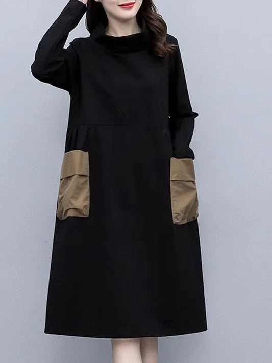 Thickened Fleece Warm Winter Dress for plus Size Women Half High Collar Sleeve Long Mid-Length Straight Cut High Waist Style