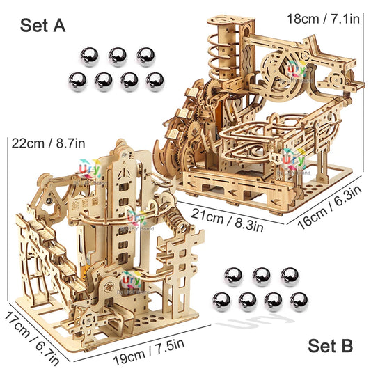 Ury 3D Wooden Puzzles Marble Electric Catapult Track Device Set Mechanical Model Science Maze 7 Balls Assembly Toy for Kids Gift