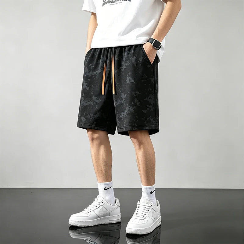 Black Camouflage Printed Sports Shorts Men Summer Outdoor Ice Silk Running Breathable Beach Shorts Elastic Waistband Short Pants