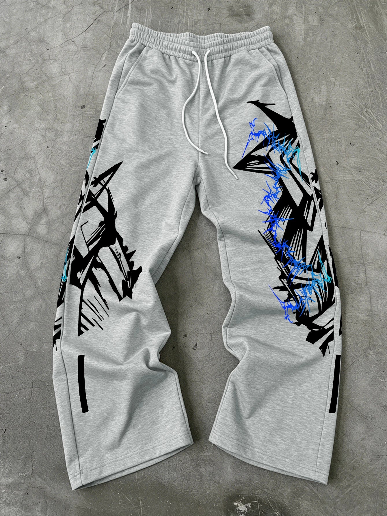 Y2K Abstract Blue Graffiti Geometric Print Mens Baggy Wide Leg Sweat Pants Loose Straight Drawstring Hip Hop Street Joggers