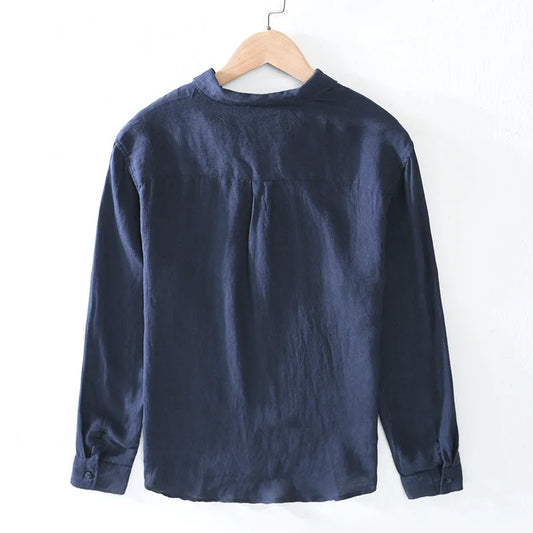 100% Linen Loose Square Collar Long Sleeve Shirt, Men's Pullover Leisure Stone Washed Linen Top, Outdoor Camping Natural Fabric