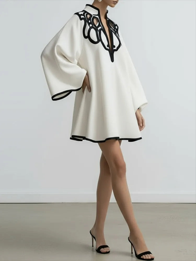 2026 New Hollowed V-neck Mini Dress for Women Flared Sleeves Pleated Dress Spring Stylish Contrast Trims Elegant Party Dress