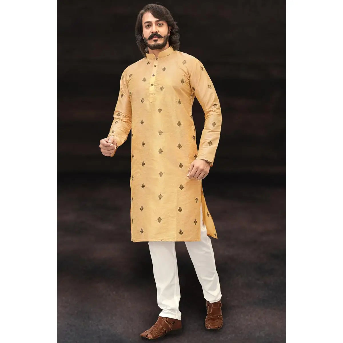 Men's Islamic Arabic Abaya Robe Ethnic Print Stand Collar Youth Mid-length Shirt Luxury Coat Casual Fashion Muslim Men Clothing
