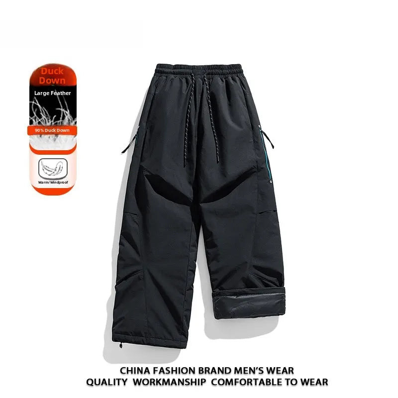 Thickened Large Size Men's down Pants Winter Outdoor Climbing Straight Leg Long Trousers Windproof Warm Casual Polyester Fiber