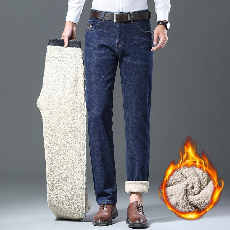 Winter Men's Fleece Jeans Classic Straight Casual Sherpa Thermal Trousers Thickened Warm Stretch Wool Velvet Denim Pants