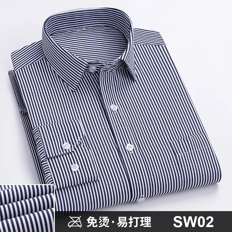 Men's Formal Shirt Long Sleeve S~8XL Oversized Office Solid Color Striped Anti-wrinkle Non-ironing Fashion Business White Shirts