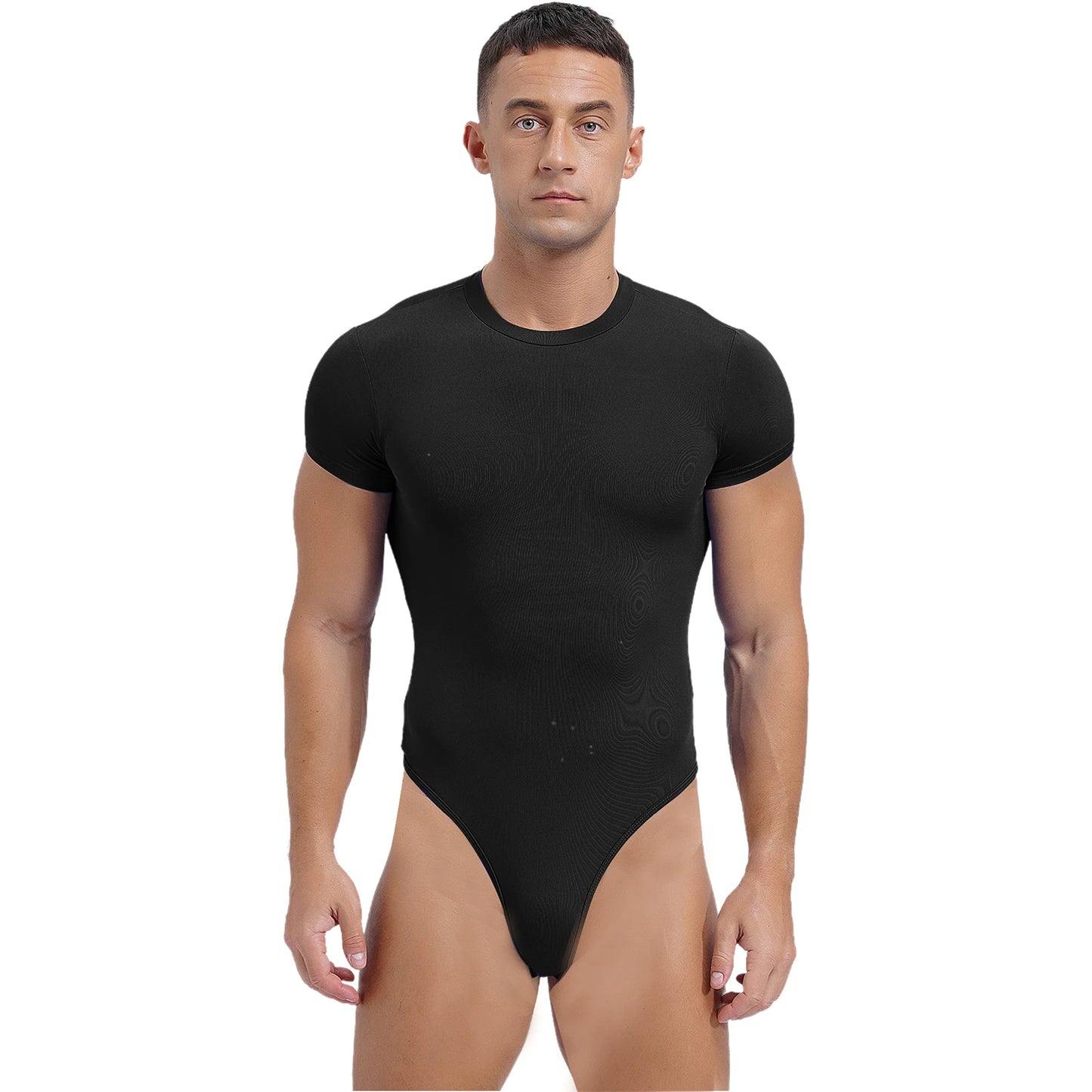 Mens Athletic Bodysuit Shirt Round Neck Short Sleeve High Cut Leotard Button Crotch Jumpsuit Rompers Bodybuilding Yoga Underwear