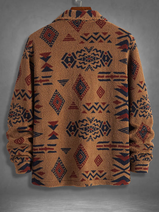 Men's Retro Ethnic Geometric Print Fleece Shirt Jacket Winter Thick Warm Sherpa Casual Coat