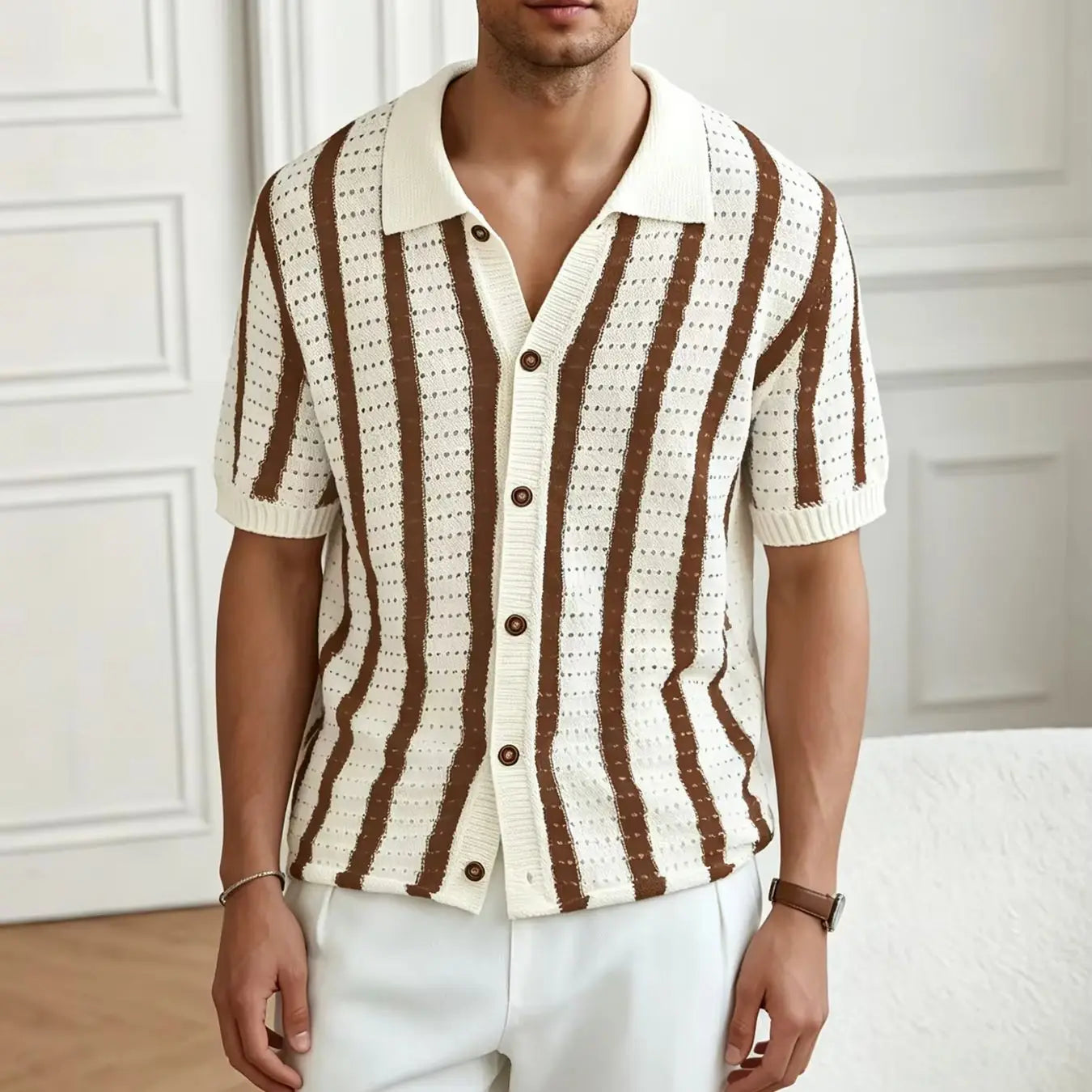 Men's Striped Knit Polo Shirt Short Sleeve Button Down Cardigan V-Neck Hollow Out Retro Casual Top Summer Old Money Style