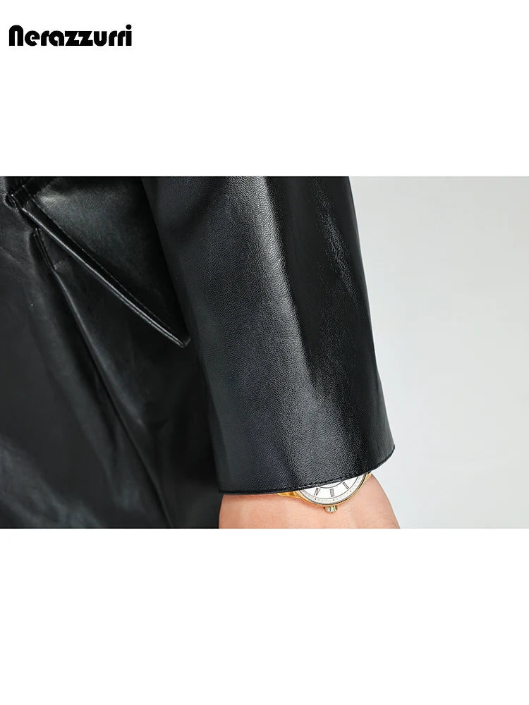 Nerazzurri Autumn Long Waterproof Black Soft Pu Leather Trench Coat Men with Hood Zipper Luxury Plus Size Overcoat 3xl 4xl 5xl