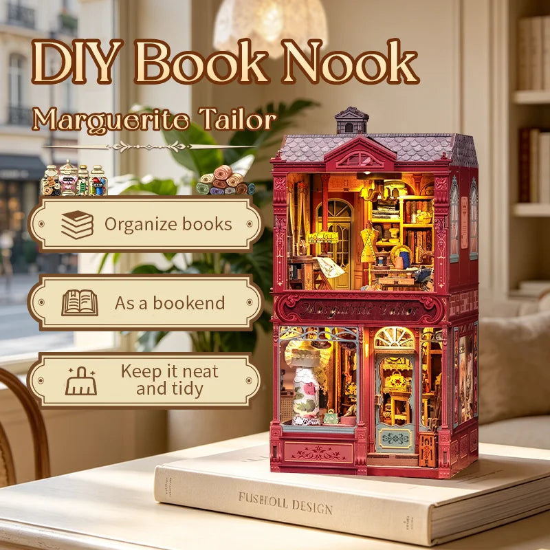 CUTEBEE Book Nook Kit for Marguerite Tailor 3D Wooden Dollhouse Puzzle with LED Light DIY Miniature Model Decor