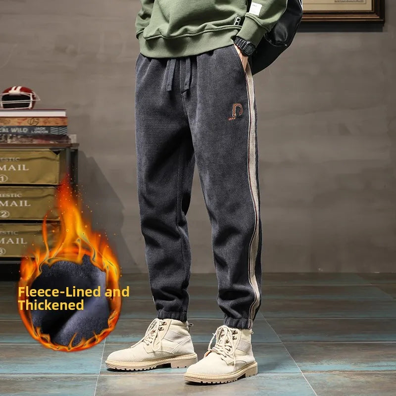 Trendy American Style Men's Fleece Lined Loose Fit Sweatpants Winter Casual Sports Trousers Low Elasticity Youth Popular Long...
