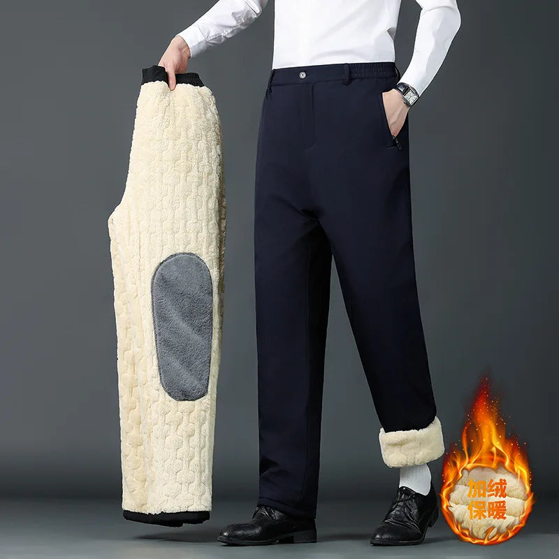 Winter Dad Pants Outdoor Cotton Pants Men Fleece Lined Thickened Casual Pants Lamb Wool Men's Warm Knee Pads Casual Pants