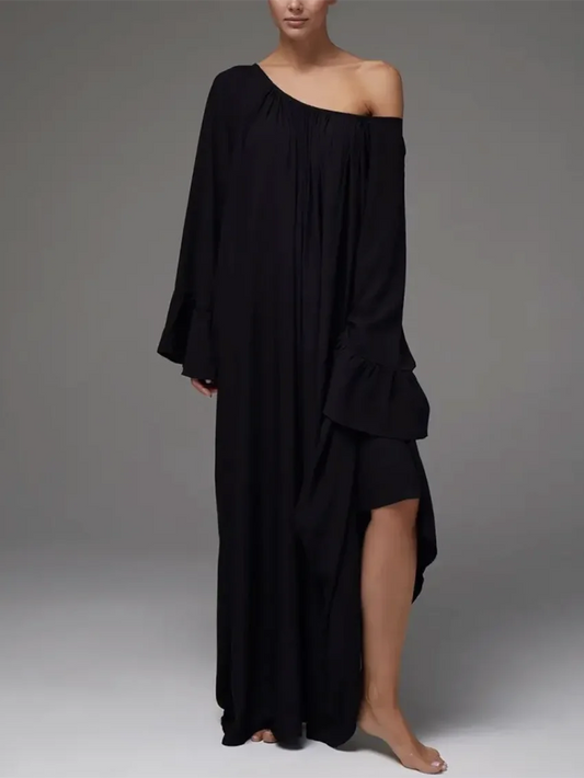 Parc Fee Casual Loose White Women Dress 2025 Elegant U-Neck Long Sleeve Floor-Length Dresses Simple Oversize Solid Female Dress
