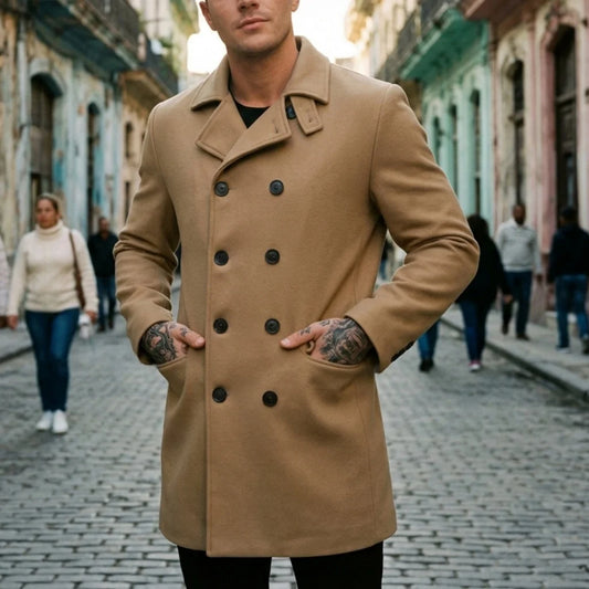 New Winter Men's Wool Blends Double-Breasted Knee-Length Trench Coat - Windproof Casual Street Long-Length Outerwear for Men