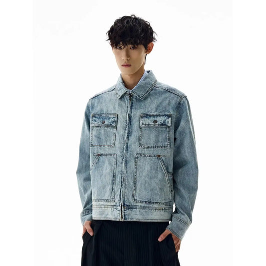 American Retro Trendy Washed Slub Multi - Pocket Denim Jacket Spring and Autumn Men's Windproof Motorcycle Jacket