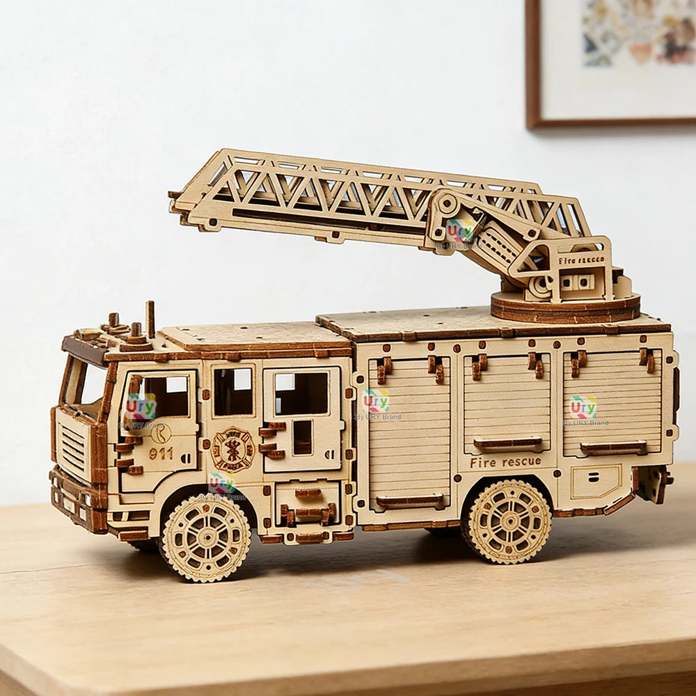 Ury 3D Wooden Puzzle City Series Car Fire Ladder Truck Movable Retro Vehicle Assembly Model DIY Decoration Gift