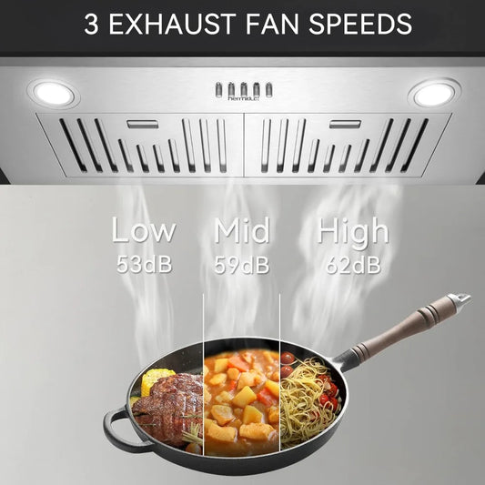 30 inch Built-in Range Hood, 600 CFM, 3 Speed, Ducted/Ductless, Stainless Steel with LED Light and Baffle Filters