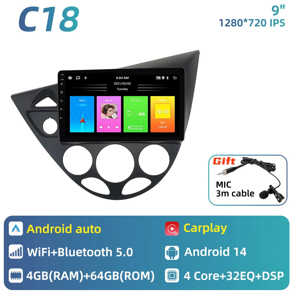 Car Multimedia for Ford Fiesta 1995 - 2001 Focus MK1 1998 - 2004 Car Radio GPS Navigation Android Stereo Carplay Auto 2 Din 4G