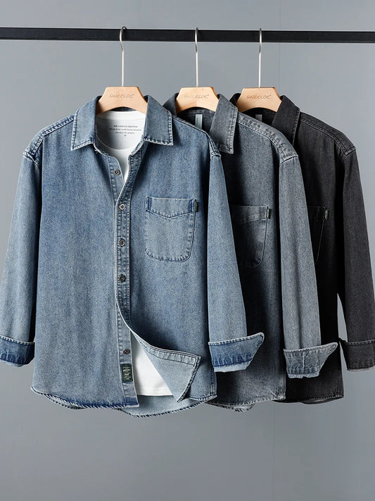 Autumn and Winter New American Tooling Long-sleeved Shirt, High-end Loose and Versatile Denim Shirt, Jacket Jacket Men