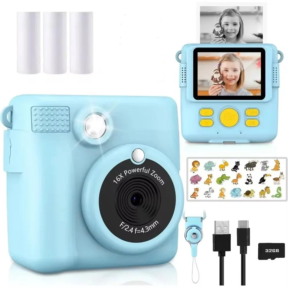 1080P HD Video Camera Portable Instant Print Camera for Kids with 3 Rolls Photo Paper and 32GB Card Perfect Toy Toddlers