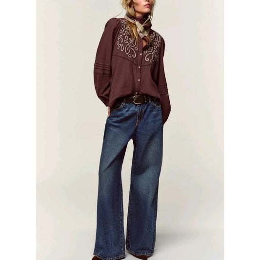 New Autumn Women's Embroidered Patchwork Shirt Top Layered Decorative Front Color Block Cotton Polyester Breathable Long Sleeve